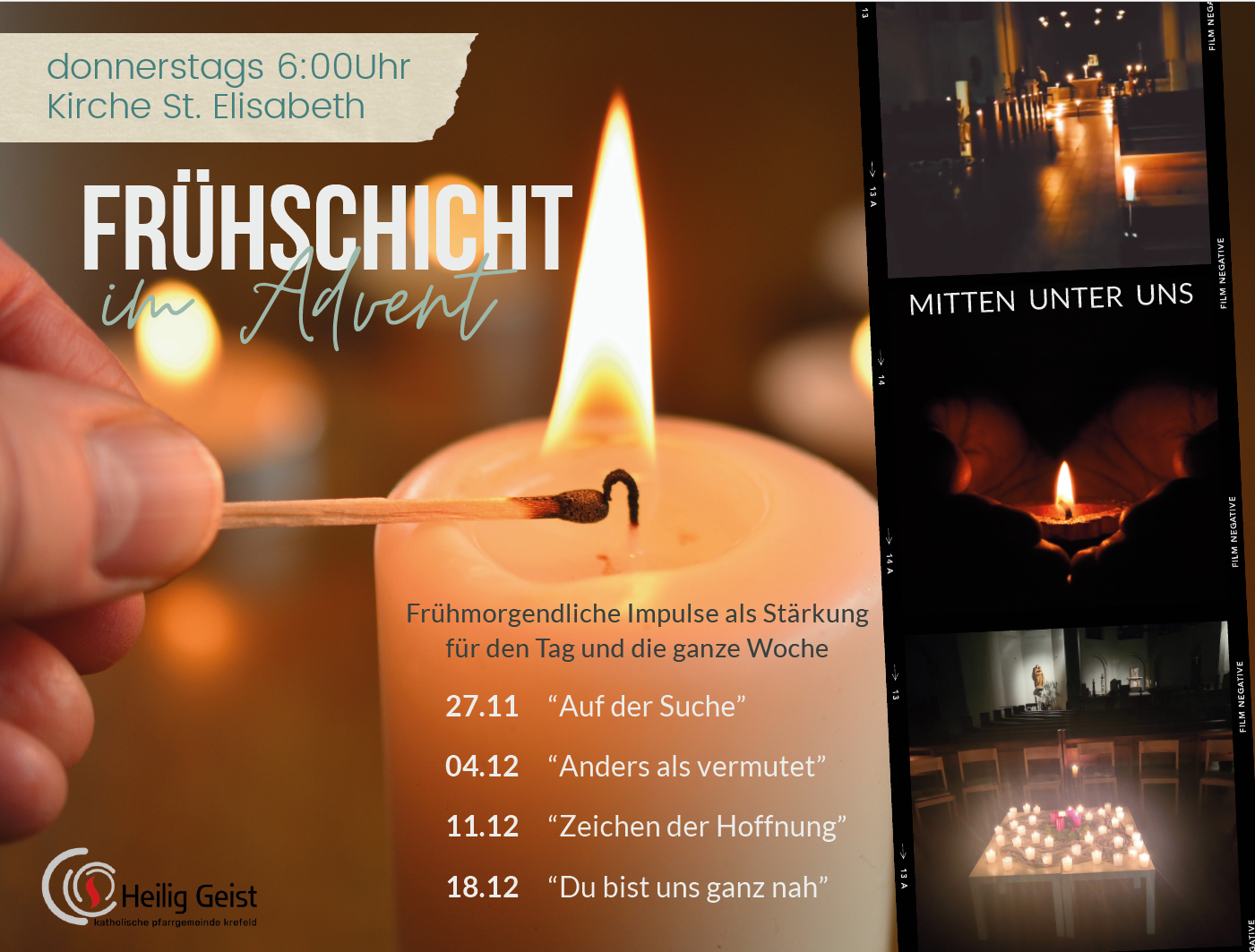 Frühschicht 2025 - Bild mit Kerzen und den Veranstaltungsterminen (c) Heilig Geist Krefeld